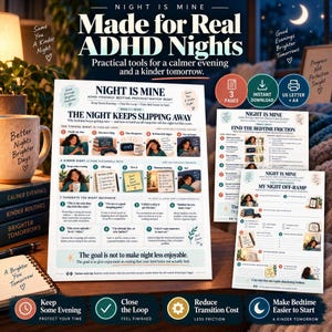 Programma stampabile per il ripristino della procrastinazione prima di andare a letto in caso di ADHD, pianificazione della transizione serale per la cecità temporale, il passaggio tra attività e la routine notturna