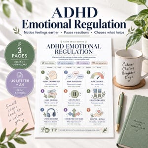 May include: A printable ADHD emotional regulation guide featuring nine numbered steps with illustrations and text. The document includes sections for noticing cues, naming feelings, rating intensity, and grounding techniques on a white background.