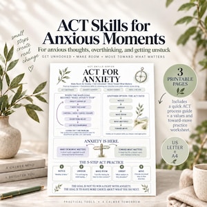 Może przedstawiać: Dokument do druku zatytułowany ACT Skills for Anxious Moments, zawierający 5-stopniowy przewodnik ćwiczeń, schematy blokowe do zarządzania lękowymi myślami oraz ilustrację kompasu. Tekst zawiera sekcje dotyczące radzenia sobie z lękiem i działań opartych na wartościach.