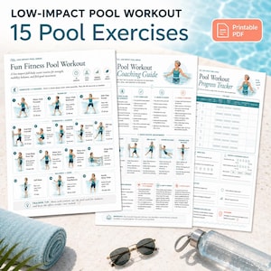 Pool Workout Printable PDF | Low Impact Water Exercise Chart for Seniors, Women Over 50 & Aqua Fitness Aquatic Aerobics Routine