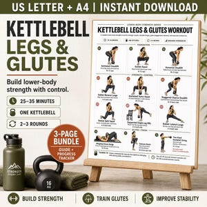 Plantilla imprimible para ejercitar los glúteos con pesas rusas, tabla de entrenamiento de fuerza para piernas, glúteos y tren inferior, guía de entrenamiento para principiantes, PDF de seguimiento del progreso.