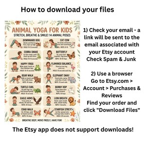An informational graphic titled How to download your files with numbered instructions next to an animal yoga chart for kids.