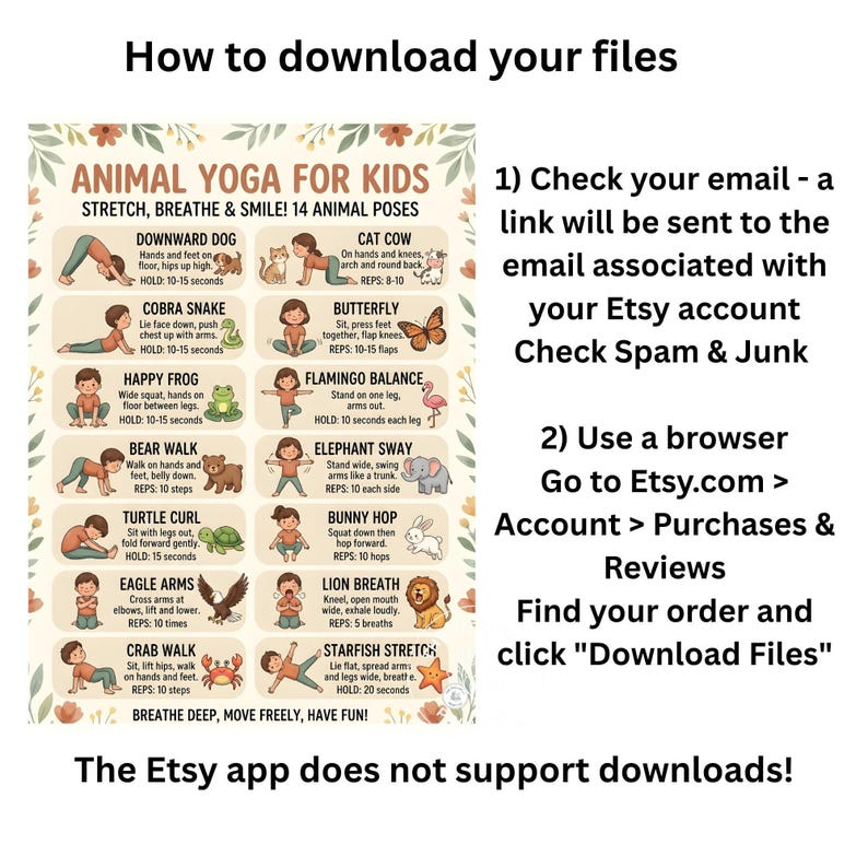 An informational graphic titled How to download your files with numbered instructions next to an animal yoga chart for kids.