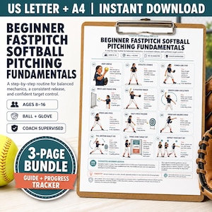 May include: A digital download guide titled Beginner Fastpitch Softball Pitching Fundamentals on a clipboard. The document features twelve illustrated steps for pitching mechanics, including grip, stance, and release, with icons for ages 8-16.