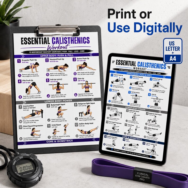 K&ouml;nnte beinhalten: Ein schwarzes Klemmbrett und ein Tablet zeigen eine Trainingsroutine mit dem Titel "Essential Calisthenics Workout". Die Routine umfasst &Uuml;bungen f&uuml;r den Oberk&ouml;rper, den Unterk&ouml;rper und den Rumpf. Eine Stoppuhr und ein lila Widerstandsband sind ebenfalls sichtbar.