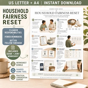 May include: A digital household fairness reset guide and worksheet bundle featuring eight numbered steps for managing home responsibilities. The document includes text, icons, and illustrations of people, calendars, and checklists for organizing tasks.