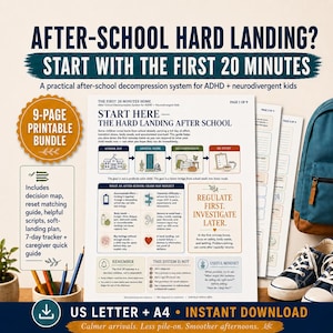 May include: A 9-page printable bundle titled After-School Hard Landing? Start With The First 20 Minutes. The document features a decision map, reset matching guide, scripts, and a 7-day tracker for neurodivergent kids, presented in US Letter size.