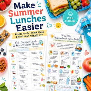 Peut inclure: Deux feuilles imprimées intitulées Kids' Summer Lunch & Snack Wellness Planner et Why This Summer Lunch Planner Works, présentant des guides nutritionnels, des tableaux de repas et des icônes colorées, entourées de fruits frais, d'un sandwich et d'une gourde bleue.