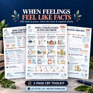 Op de afbeelding: Een CBT-vaardighedentoolkit van drie pagina's gedrukt op wit papier. De pagina's bevatten tekst, diagrammen en illustraties die emotionele redenering uitleggen. De middelste pagina is getiteld When a Feeling Starts Acting Like Proof.