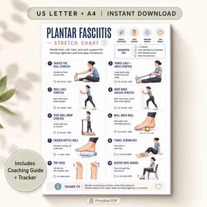 May include: A white instructional chart titled Plantar Fasciitis Stretch Chart featuring ten numbered illustrations of exercises. The document includes text for US Letter and A4 sizes, a coaching guide, and a tracker for daily foot, calf, and heel stretches.