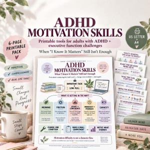 Puede incluir: Un paquete imprimible de 6 páginas sobre habilidades de motivación para TDAH y desafíos de función ejecutiva. El documento principal muestra un diagrama de flujo titulado ADHD Motivation Skills con secciones sobre significado, fricción y esfuerzo.