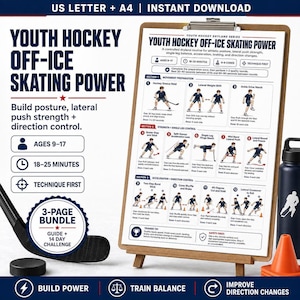 A blue and red hockey training guide titled "Youth Hockey Off-Ice Training" shows 14 drills with small illustrations, a black water bottle, and a hockey stick.
