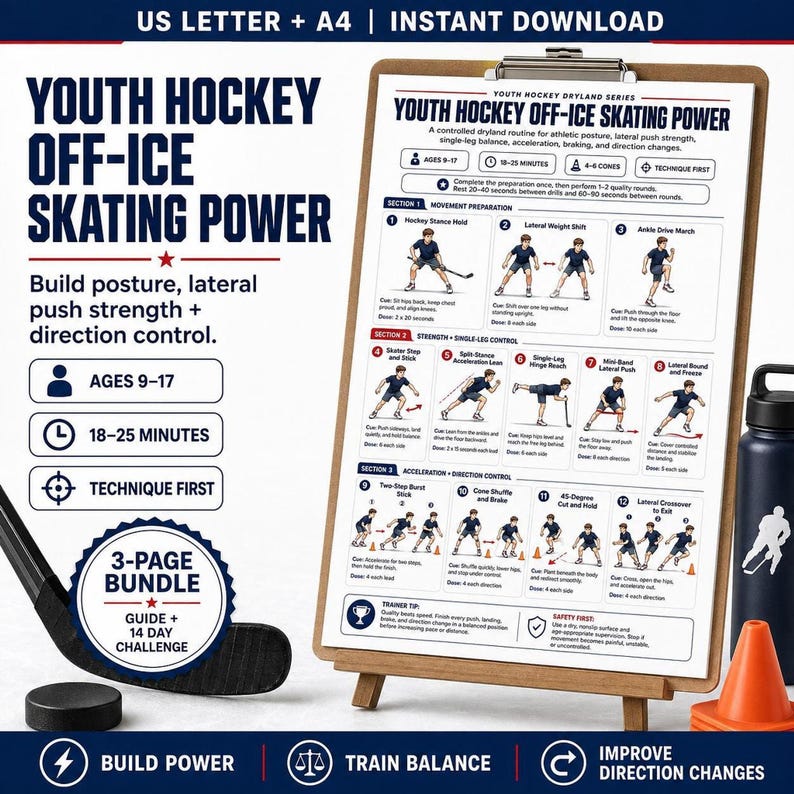 A blue and red hockey training guide titled "Youth Hockey Off-Ice Training" shows 14 drills with small illustrations, a black water bottle, and a hockey stick.