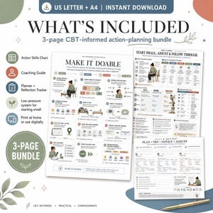 A flat lay of a CBT Action Planner printable bundle, including a title page, a "Make It Doable" worksheet, a "Plan, Try, Notice, Adjust" tracker, and a list of included items.