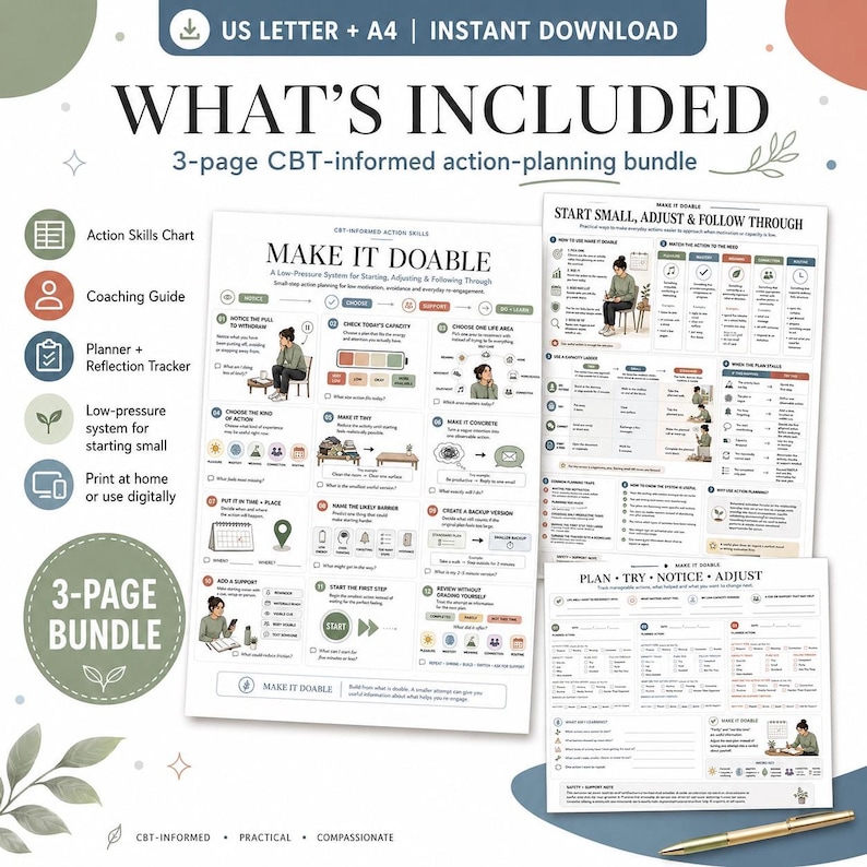 A flat lay of a CBT Action Planner printable bundle, including a title page, a "Make It Doable" worksheet, a "Plan, Try, Notice, Adjust" tracker, and a list of included items.