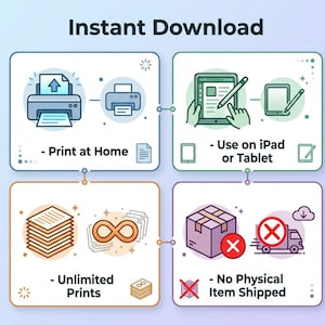 May include: An infographic with the text "Instant Download". It features a printer, tablet, a stack of papers, and a box with a red cross. The text reads "Print at Home", "Use on iPad or Tablet", "Unlimited Prints", and "No Physical Item Shipped".