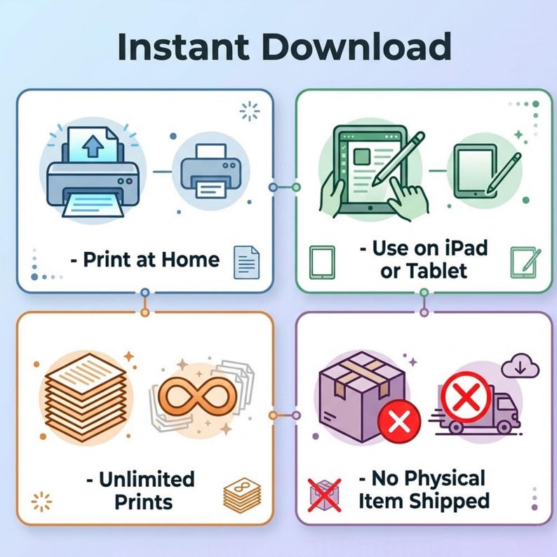 May include: An infographic with the text "Instant Download". It features a printer, tablet, a stack of papers, and a box with a red cross. The text reads "Print at Home", "Use on iPad or Tablet", "Unlimited Prints", and "No Physical Item Shipped".