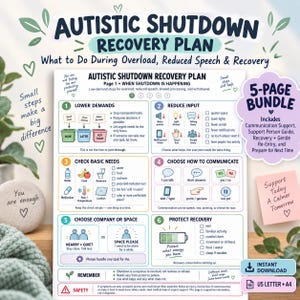 May include: A five-page Autistic Shutdown Recovery Plan document featuring six numbered sections with icons and text for managing sensory overload, communication, and recovery. Includes a purple bundle badge and notes on US Letter and A4 sizing.