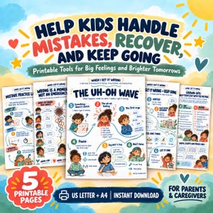 Gestione degli errori per bambini (stampabile), Kit di strumenti per la regolazione emotiva e la mentalità di crescita, PDF sulle competenze di coping SEL, formato A4 (US Letter).