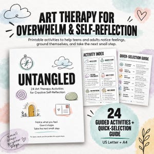 Puede incluir: Un libro de ejercicios de arteterapia imprimible titulado Untangled con 24 actividades para la autorreflexión. El conjunto incluye un índice de actividades y una guía de selección rápida para adolescentes y adultos con ilustraciones.