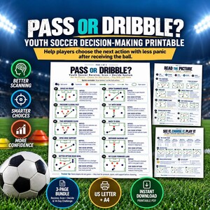May include: A three-page youth football decision-making printable guide titled PASS OR DRIBBLE. The document features diagrams illustrating game scenarios, player positioning, and tactical choices for receiving the ball, presented on white paper.