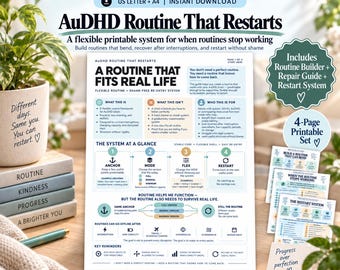May include: A four-page printable AuDHD routine system document featuring a flexible framework for managing daily tasks. The white page includes black text, blue and green icons, and diagrams explaining a routine builder, repair guide, and restart system.