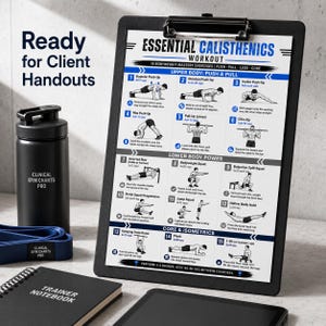 K&ouml;nnte beinhalten: Ein schwarzes Klemmbrett mit einem Calisthenics-Trainingsplan, eine schwarze Wasserflasche, ein blaues Widerstandsband und ein Notizbuch. Der Text "Ready for Client Handouts" befindet sich auf der linken Seite. 15 &Uuml;bungen.