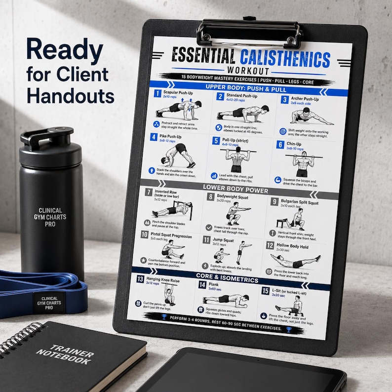 K&ouml;nnte beinhalten: Ein schwarzes Klemmbrett mit einem Calisthenics-Trainingsplan, eine schwarze Wasserflasche, ein blaues Widerstandsband und ein Notizbuch. Der Text "Ready for Client Handouts" befindet sich auf der linken Seite. 15 &Uuml;bungen.