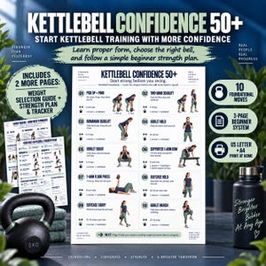 Può includere: Una guida all'allenamento con kettlebell intitolata Kettlebell Confidence 50+ che include 10 movimenti fondamentali, una guida alla selezione del peso e un piano di forza. Il documento contiene illustrazioni di esercizi con istruzioni testuali.