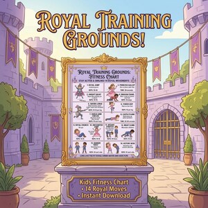 A royal-themed fitness chart featuring castle illustrations, knights, and fourteen illustrated movement exercises.