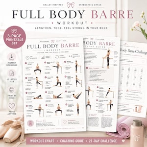 Puede incluir: Un conjunto imprimible de 3 páginas para un entrenamiento de Full Body Barre. El conjunto incluye una tabla de ejercicios, una guía de entrenamiento y un desafío de 21 días. El diseño presenta gráficos y texto inspirados en el ballet, con un esquema de color rosa y blanco.