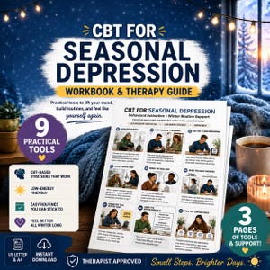 May include: A CBT for Seasonal Depression workbook and therapy guide featuring nine practical tools, behavioral activation strategies, and winter routine support. The document includes instructional text, photos of people performing tasks, and a list of benefits.