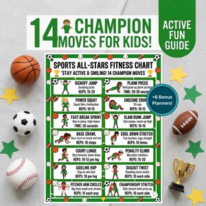 Kids Exercise Chart & Fitness Planner, Indoor Sports Workout Game, Homeschool PE Activity, Editable Routine Template PDF
