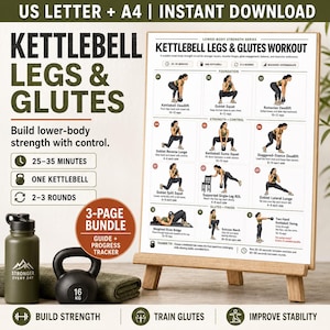 Utskrivbar kettlebell-booty Builder, styrketräningsschema för ben, sätesmuskler, underkropp, coachningsguide för nybörjare, framstegsrapportering i PDF-format