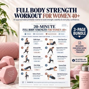 May include: A printable workout guide titled Full Body Strength Workout for Women 40+ featuring ten illustrated exercises with instructions, a 3-page bundle badge, and a coaching guide. The document includes a 20-minute routine, progress tracker, and US letter format.