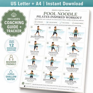 Plantilla imprimible de ejercicios con flotadores de piscina, guía de ejercicios de pilates acuático, tabla de ejercicios para aguas poco profundas.