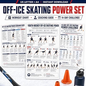 A blue and red hockey training guide titled "Off-Ice Training Power Set" shows 14 drills with small illustrations, a black water bottle, and a hockey stick.