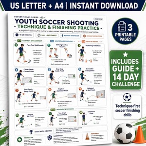 May include: A printable youth soccer shooting technique and finishing practice guide featuring twelve numbered instructional steps with illustrations of a player, football, and goal, plus a 14-day challenge and training tips.