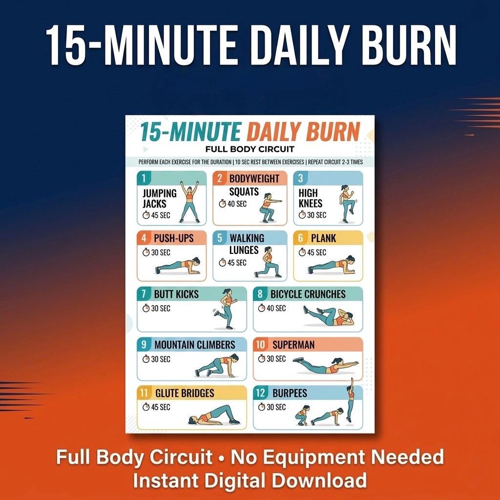Edailt Exercise Routine 15 Minute Workout for Women Printable, Quick Home Workout No Equipment ...