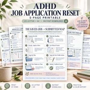 May include: A five-page printable ADHD job application reset guide featuring a saved-job to submitted map. The document includes checklists, step-by-step instructions, and application status trackers in a clean, professional layout for US letter size.