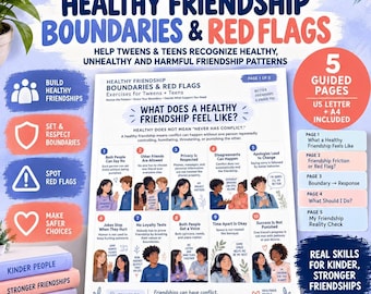 Puede incluir: Una hoja de trabajo educativa imprimible titulada Healthy Friendship Boundaries & Red Flags para preadolescentes y adolescentes. El documento presenta diez puntos numerados con ilustraciones y texto que explican las dinámicas de relación saludables.