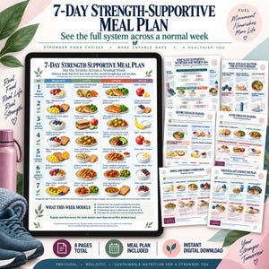 May include: A digital 7-day strength-supportive meal plan displayed on a tablet screen, accompanied by several printed informational pages detailing nutrition, workout combinations, and meal strategies for a healthier lifestyle.
