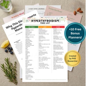 May include: A collection of printed papers, including a food list for hyperthyroidism, a 3-day food journal, and a weekly meal planner. The main list categorizes foods to eat freely, limit, or avoid. A bonus planner offer is also included.