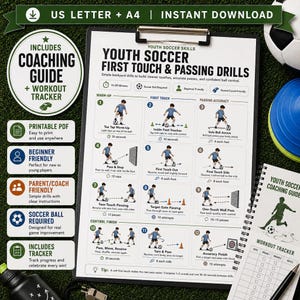 May include: A white clipboard featuring a Youth Soccer First Touch and Passing Drills instructional sheet with twelve numbered illustrations of soccer players performing drills, accompanied by a coaching guide and workout tracker document.