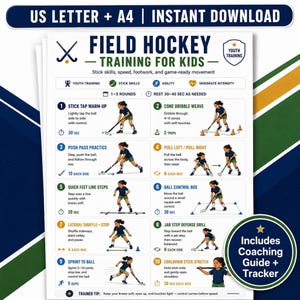 Puede incluir: Una guía de entrenamiento de hockey sobre hierba para niños con diez ejercicios numerados e ilustraciones de un jugador con un stick y una bola. El documento incluye texto sobre habilidades con el stick, velocidad y juego de pies.