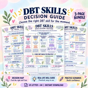 Hoja de trabajo de habilidades DBT, guía de decisiones imprimible, atención plena, tolerancia a la angustia, regulación emocional y comunicación (PDF).