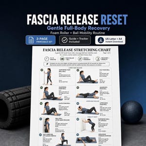 May include: A Fascia Release Reset printable guide featuring a 3-page stretching chart with illustrations of foam roller and ball mobility exercises. The document includes instructions for lower and upper body release, accompanied by a black foam roller and ball.