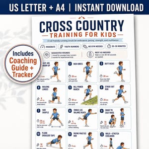 May include: A printable cross country training guide for kids featuring twelve numbered exercise illustrations including high knees, lunges, and planks. The document includes text headers, time durations, and a circular badge stating Includes Coaching Guide + Tracker.