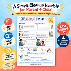 May include: A printable cleanup handoff guide for parents and children featuring seven numbered steps, illustrations of a child and parent, and text titled Our Cleanup Handoff. The document outlines a routine for household chores and independence.