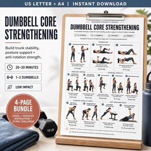 May include: A digital workout guide titled Dumbbell Core Strengthening on a clipboard, featuring twelve illustrated exercises with instructions. The document includes text about a 4-page bundle, 20-30 minutes duration, and 1-2 dumbbells requirement.